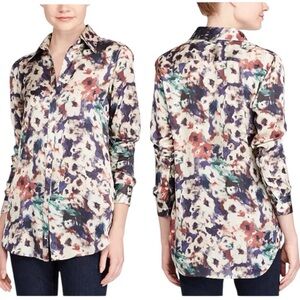 Lauren RALPH LAUREN Satin Long Sleeve Floral Blouse sz 3X Multicolor Button